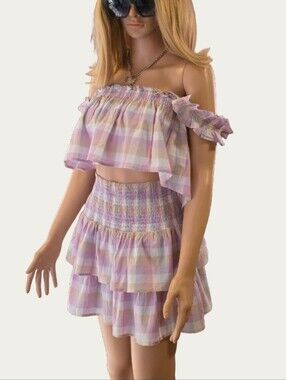 MABLE Pastel Plaid Ruffle Two Piece Skirt Set Medium EUC